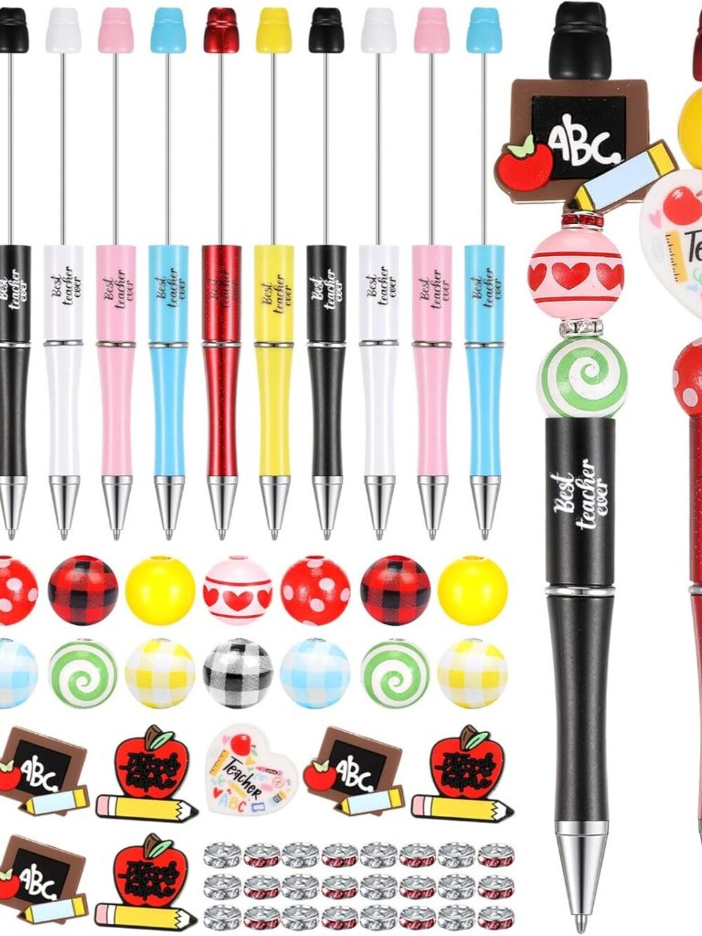 12 Set Plastic Beadable Pens Assorted Bead Pens Crystal Wood Round Spacer Set Bl